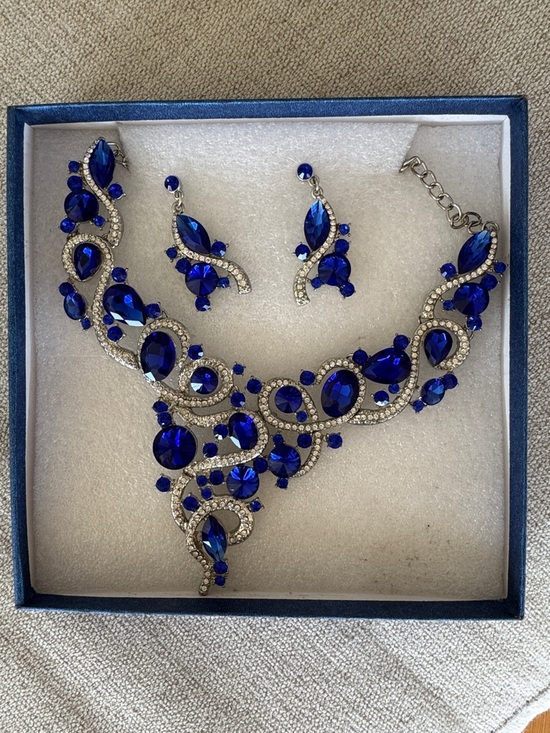 Jewelry - Statement Royal Blue Crystal Necklace and Earring Set - Women Jewelry Pageant